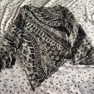Black, Grey  and white patchwork sheer blouse